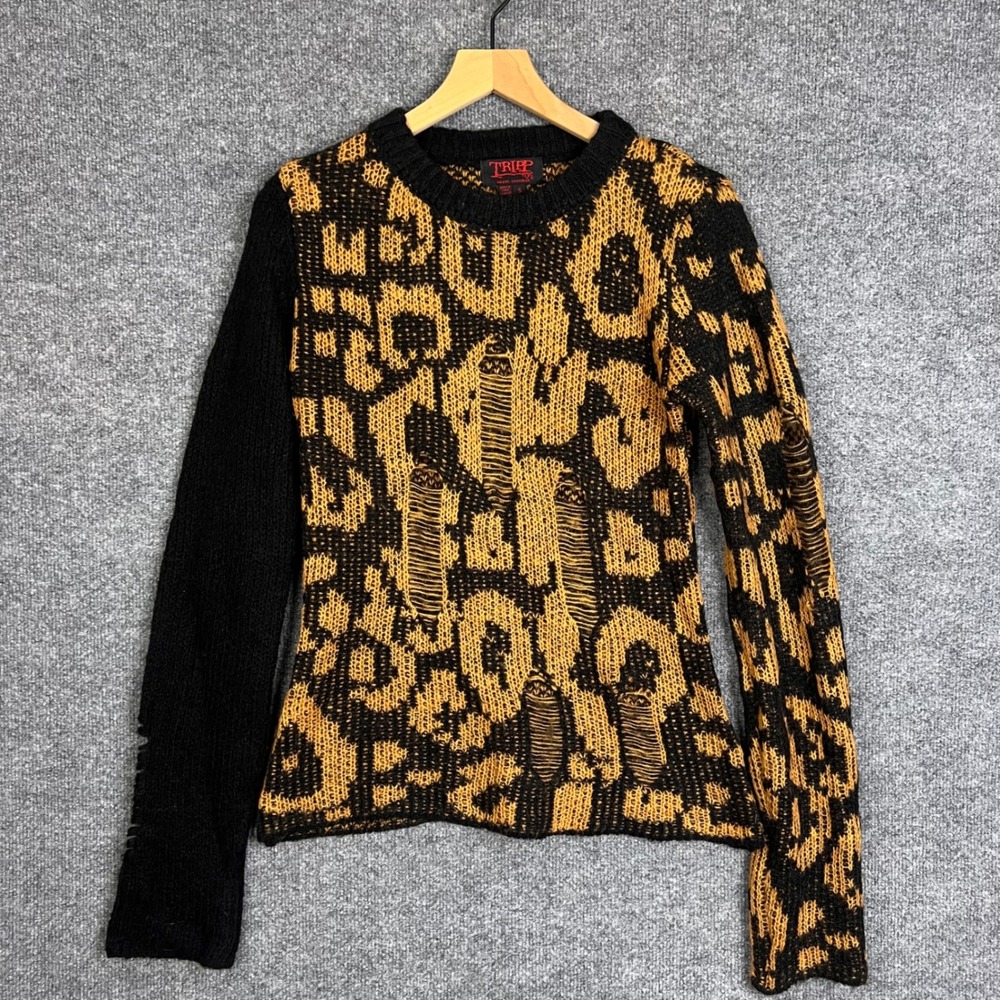Y2K Tripp NYC Sweater Womens Small Brown Distressed Leopard Print Knit
